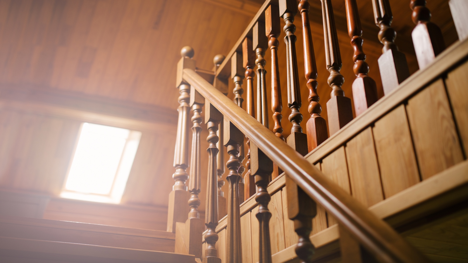 Wooden stairs close up. Cottage interior.